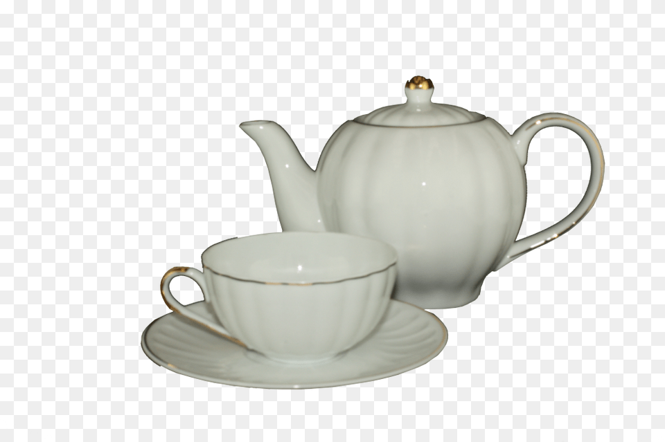White Teapot With Gold Rim, Cookware, Pot, Pottery, Saucer Png