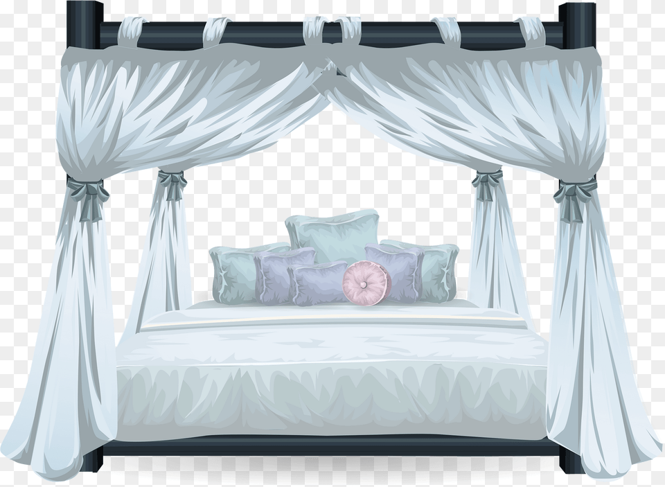 White Transparent Curtains Bed Clipart, Furniture, Bedroom, Indoors, Room Free Png Download