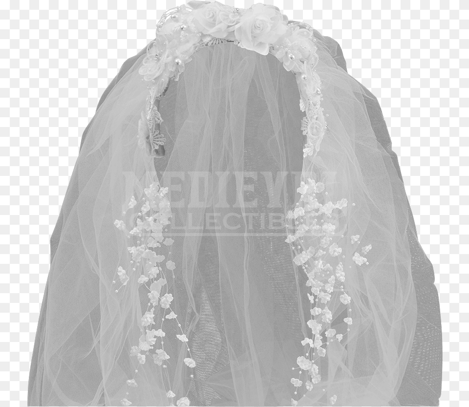 White Victorian Headband With Long Veil Wedding Veil Background, Bridal Veil, Person, Gown, Formal Wear Png