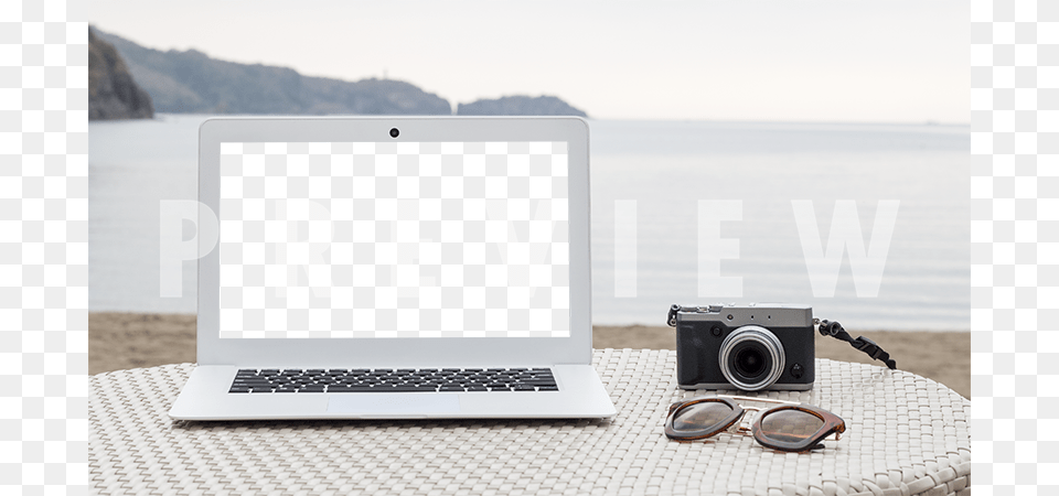 White Windows Laptop Mockup Beside A Camera And Sunglasses Netbook, Computer, Electronics, Pc, Photography Png Image