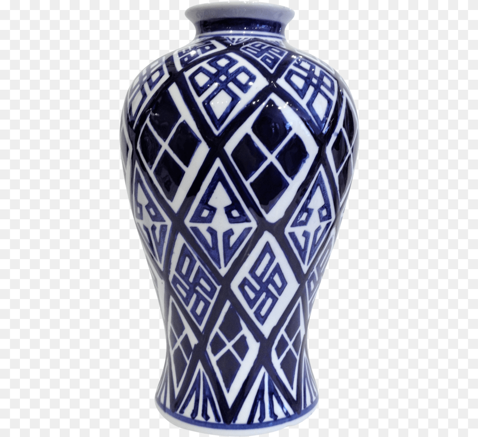 White With Navy Blue Geometric Design Tall Vase Vase, Art, Jar, Porcelain, Pottery Free Png Download