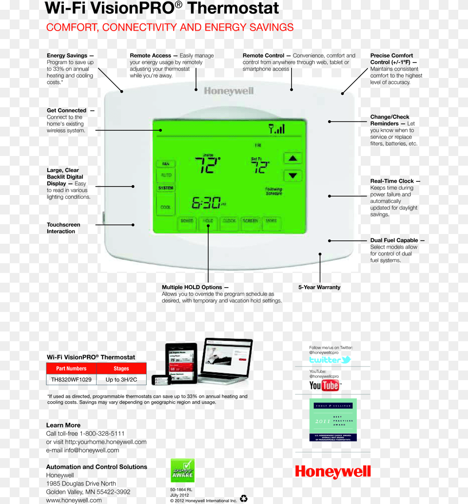 Wi Fi Vision Pro 8000 Thermostat By Honeywell, Hardware, Screen, Computer Hardware, Electronics Png
