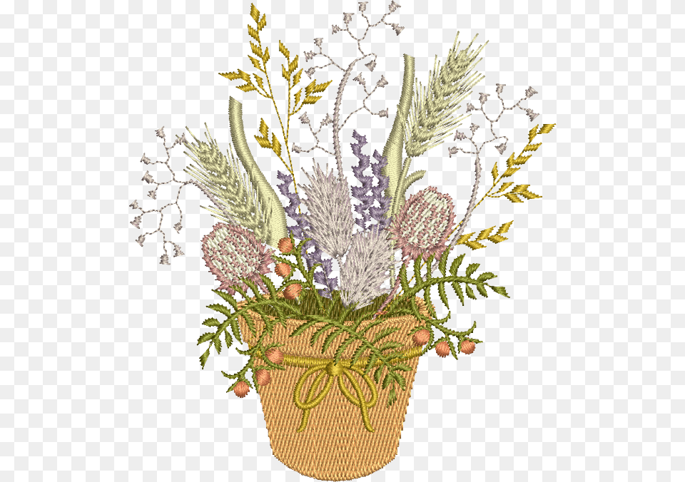 Wildflowers In Pot Bouquet, Embroidery, Pattern, Plant, Flower Free Png Download