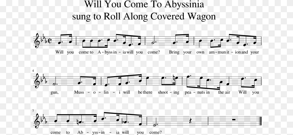 Will You Come To Abyssinia Sung To Roll Along Covered Sheet Music, Gray Png Image