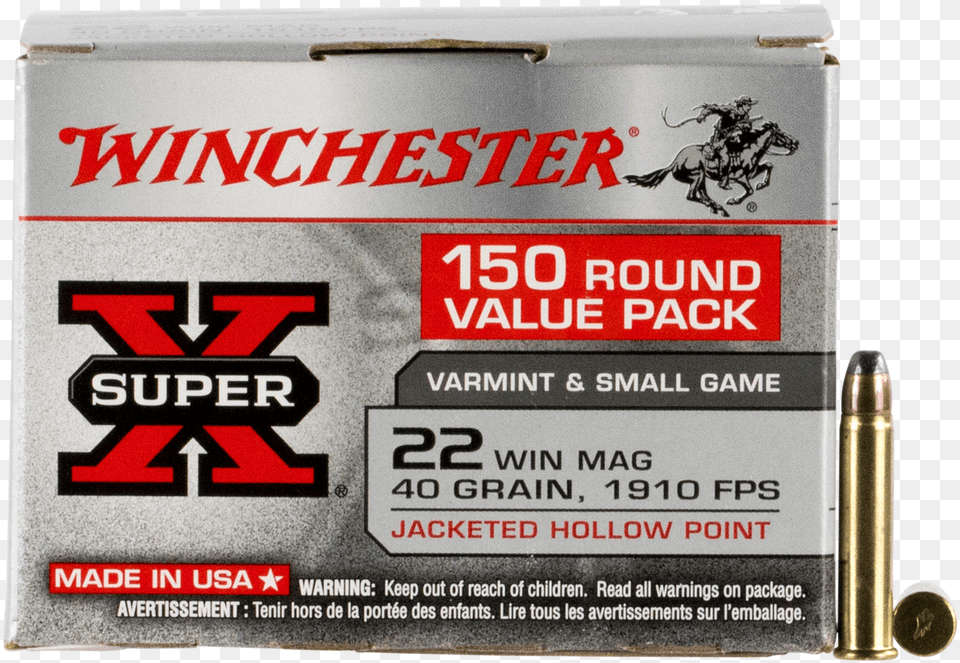 Winchester 22 Wmr Ammunition Super X X22mh 40 Grain Winchester Super X 20 Gauge 4 Shot, Weapon, Bullet Free Png Download