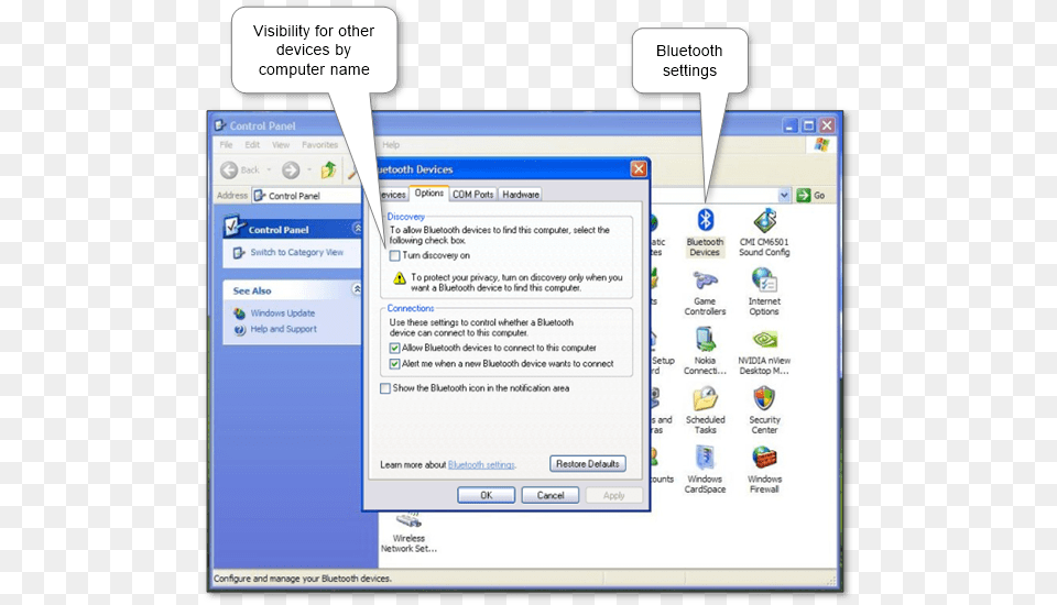 Windows Xp Bluetooth Discoverable Settings Windows Xp Control Panel Options, File, Webpage, Computer Hardware, Electronics Free Png