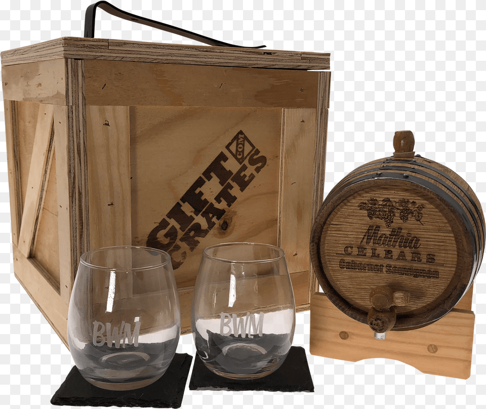 Wine Barrel With Glasses In Gift Crate Png