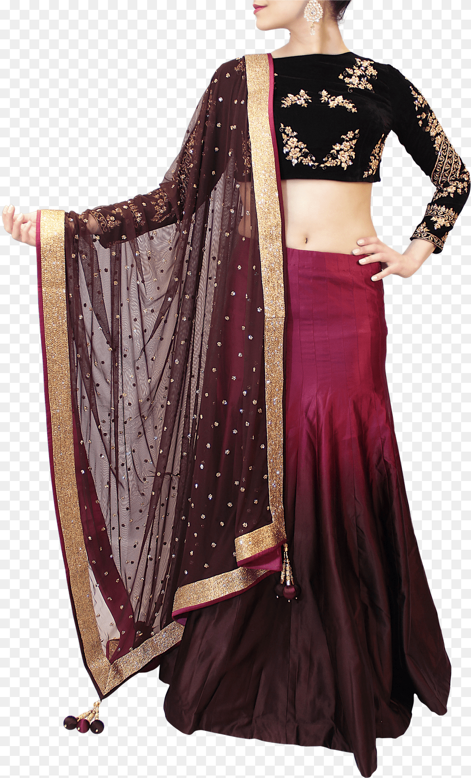 Wine Embroidered Lehenga Png