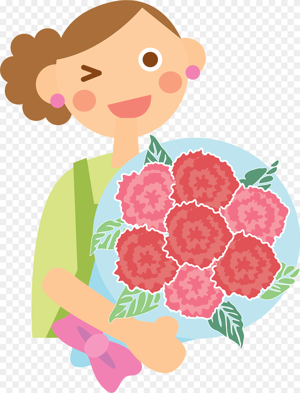 Winking Mother Is Holding A Carnation Bouquet For Mother39s Day Clipart, Art, Graphics, Floral Design, Pattern Png