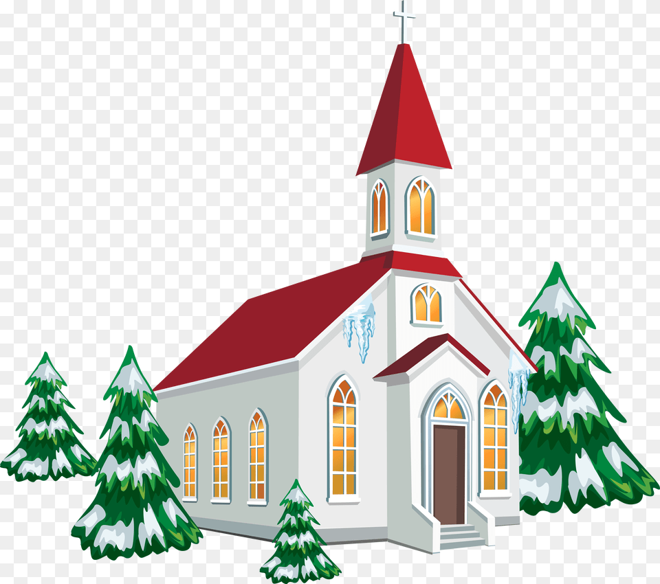 Winter Church With Snow Trees Clipart Image Church Clipart, Tree, Plant, Fir, Tower Free Png