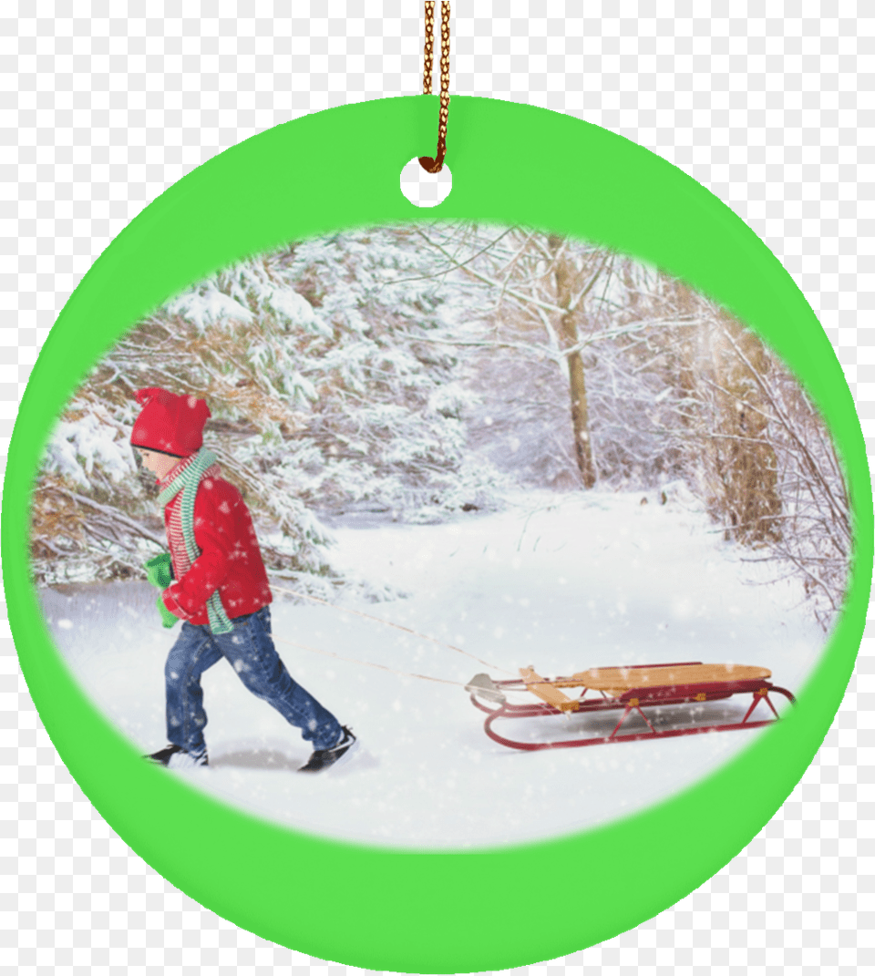Winter Scene Child And Sleigh Ceramic Christmas Ornament Merry Christmas With Vacuum Cleaner, Boy, Male, Person, Clothing Free Png Download