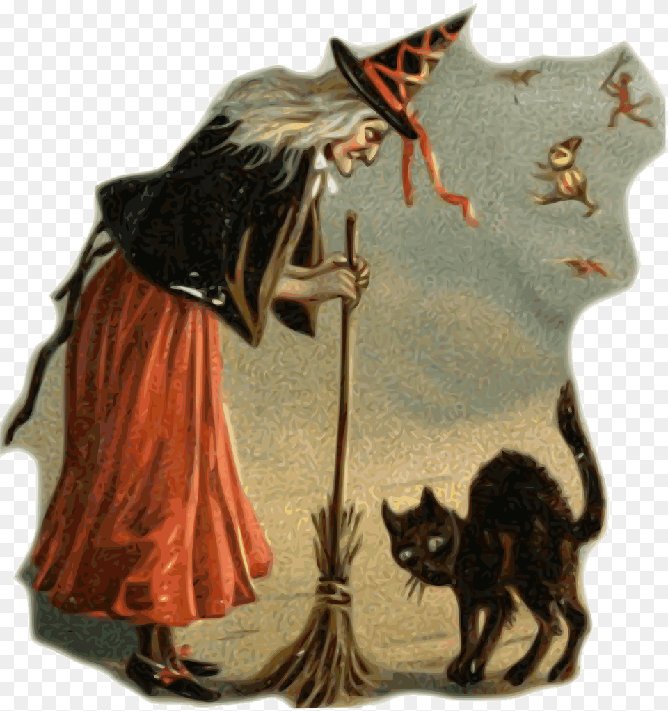 Witch Black Cat Broom Picture Witches And Cats, Art, Painting, Animal, Mammal Free Png Download