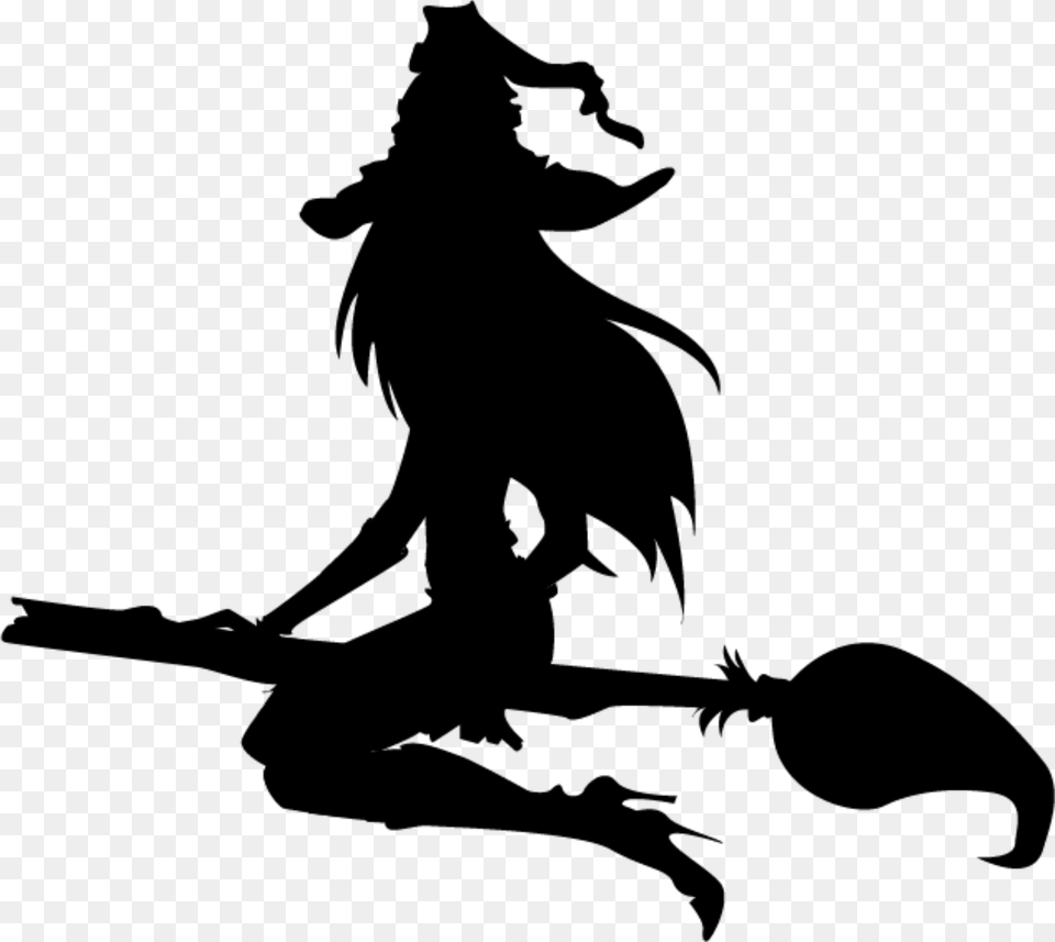 Witch Broom Black Silhouette Happy Halloween Witch, Gray Free Png Download