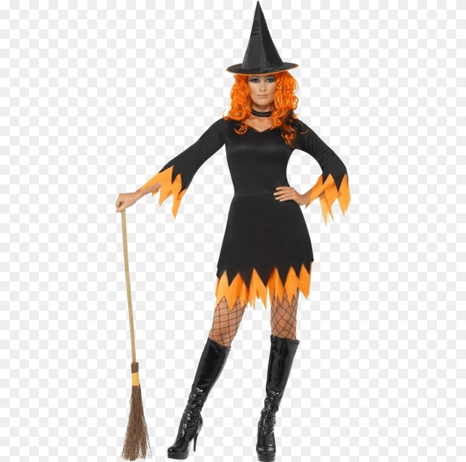 Witch Costume Halloween Clothes Orange And Black, Clothing, Person, Adult, Woman Png