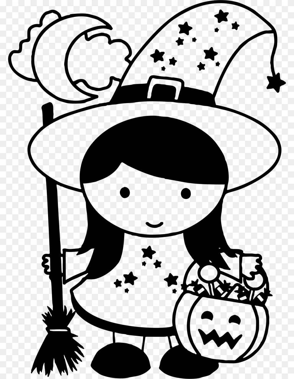 Witch Drawing Girl Cute Anime Hat And Broom Books Halloween Black And White, Gray Free Png Download