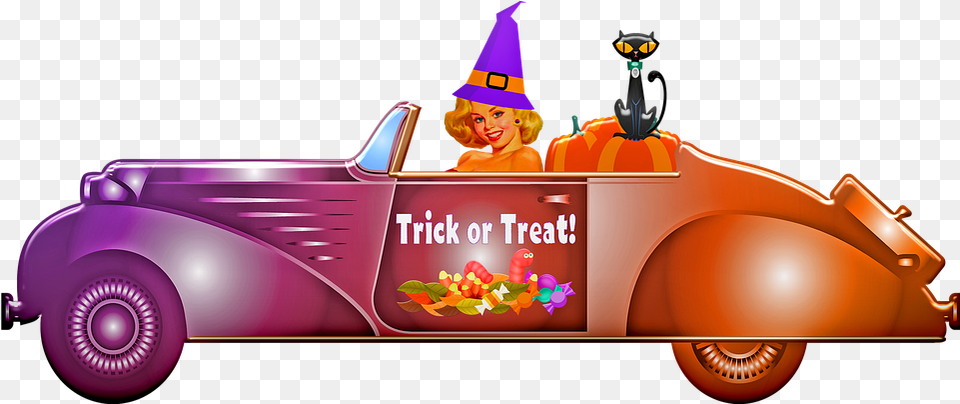 Witch Driving A Car Old Halloween Image On Pixabay Halloween Car Clip Art, Clothing, Hat, Baby, Vehicle Free Png