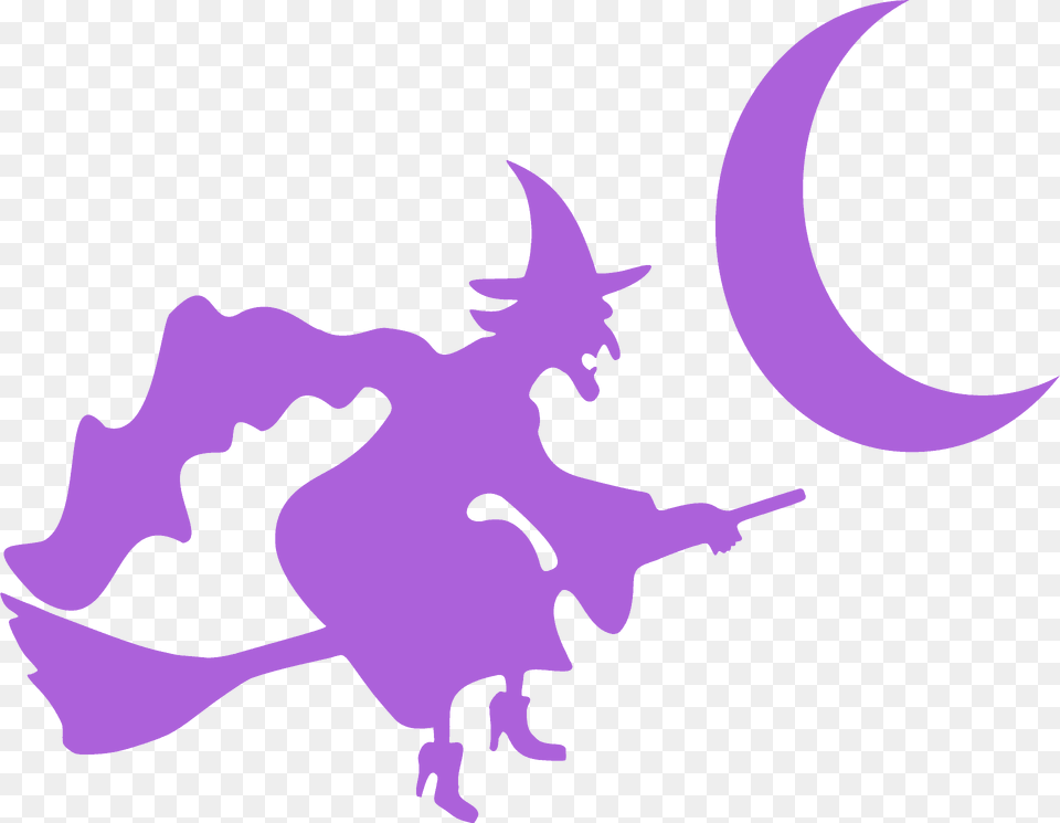 Witch Flying By Crescent Moon Silhouette, Person, Face, Head Png Image