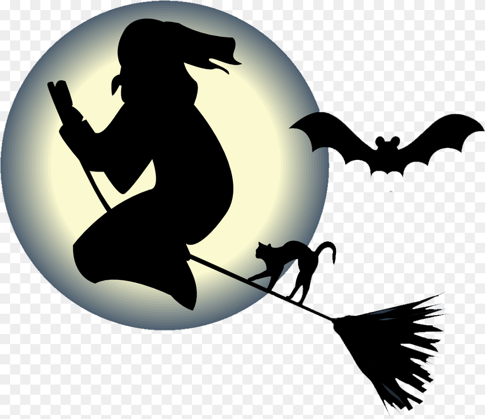 Witch Flying On A Broom With A Cat And Bat In Halloween, Silhouette, Person, Man, Adult Free Png Download