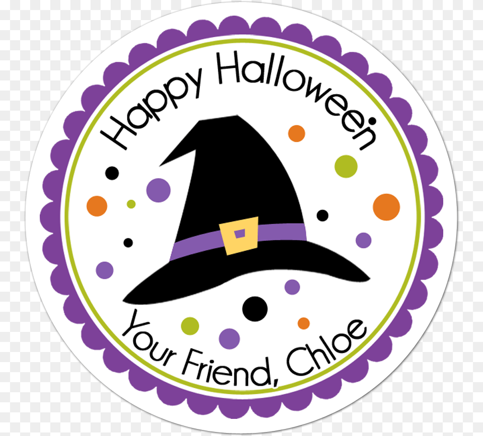Witch Hat Personalized Halloween Sticker Black Circle Scalloped Border, Clothing, Badge, Logo, Symbol Png