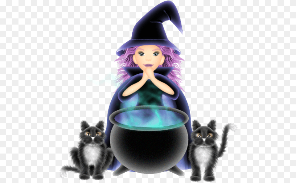 Witch With Cat Halloween Cartoon Clip Art Cute Clip Witch And Cauldron Cartoon, Baby, Person, Animal, Mammal Free Png Download