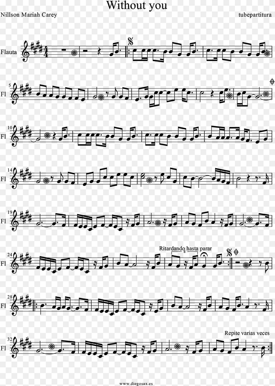 Without You By Nillson And Mariah Carey Sheet Music Snow Fairy Flute Sheet Music, Gray Free Png