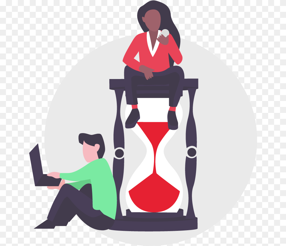 Woman And Man Sitting On Hourglass Illustration Designed Sitting, Baby, Person, Face, Head Free Transparent Png