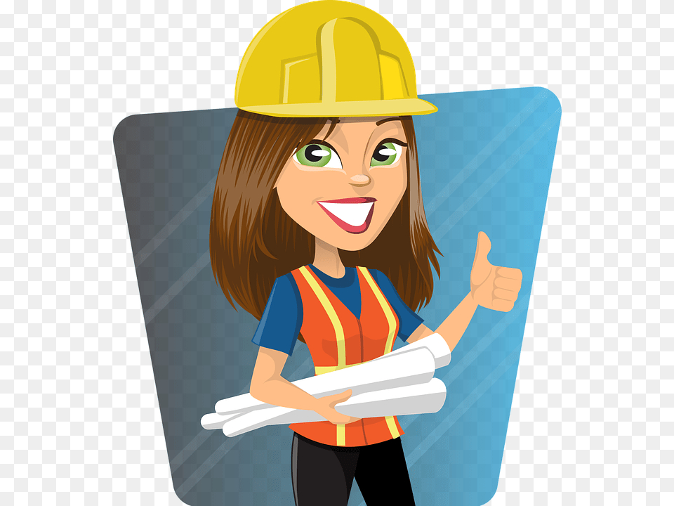 Woman Engineer Work Worker Lady Plans Helmet Woman Project Manager Cartoon, Clothing, Hardhat, Adult, Female Png Image