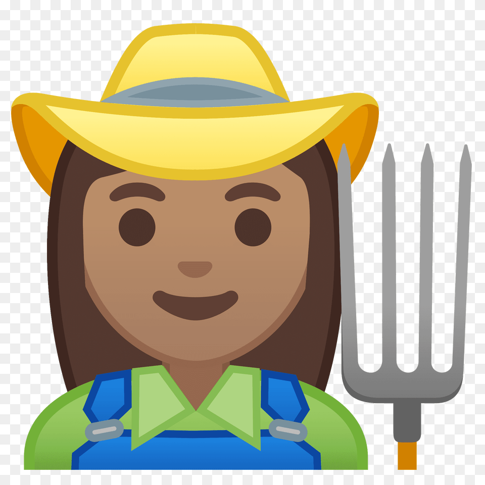 Woman Farmer Emoji Clipart, Clothing, Cutlery, Fork, Hat Png Image
