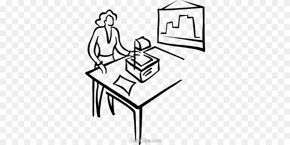 Woman Giving A Presentation Royalty Vector Clip Art, Desk, Furniture, Table, Person Free Transparent Png