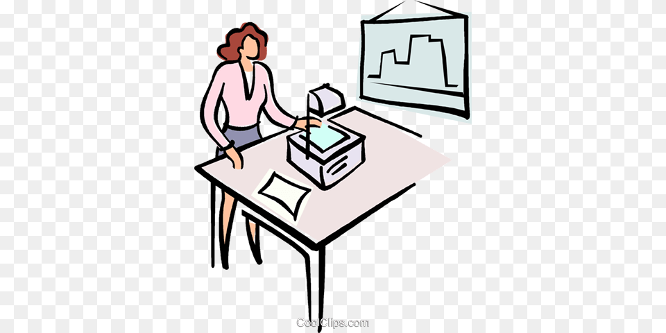 Woman Giving A Presentation Royalty Free Vector Clip Art, Furniture, Table, Desk, Person Png Image