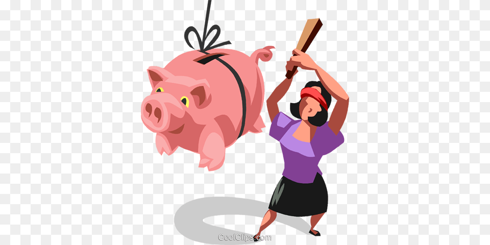 Woman Hitting A Piggy Bank Royalty Vector Clip Art, People, Person, Animal, Mammal Png Image