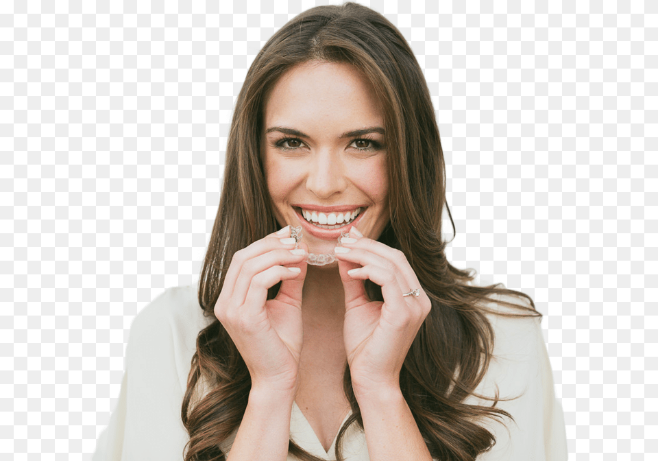 Woman Holding An Invisalign Tray Invisalign Woman, Head, Face, Person, Smile Free Png