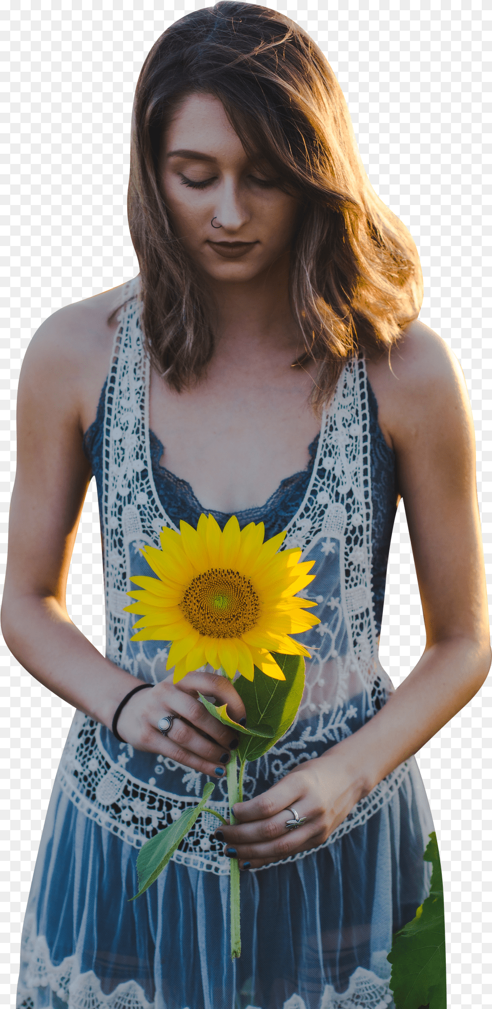 Woman Holding Sunflower, Gray Png