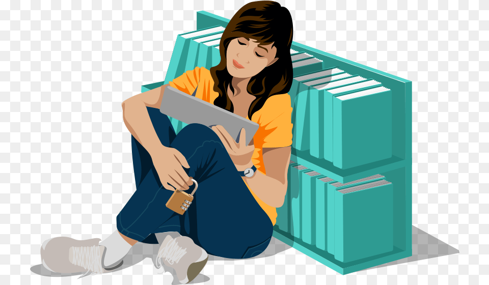 Woman In Library Reading At A Tablet With Lock In Her Mobile App, Sitting, Person, Head, Face Png