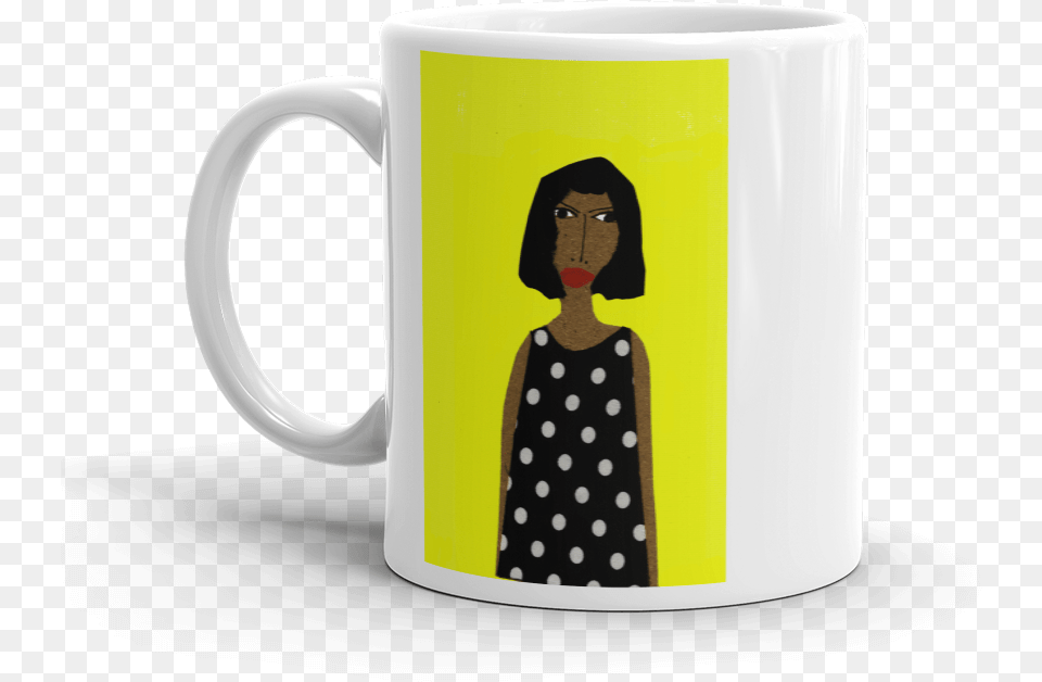 Woman In Polka Dot Dress With Yellow Background Ceramic, Cup, Pattern, Adult, Person Free Png