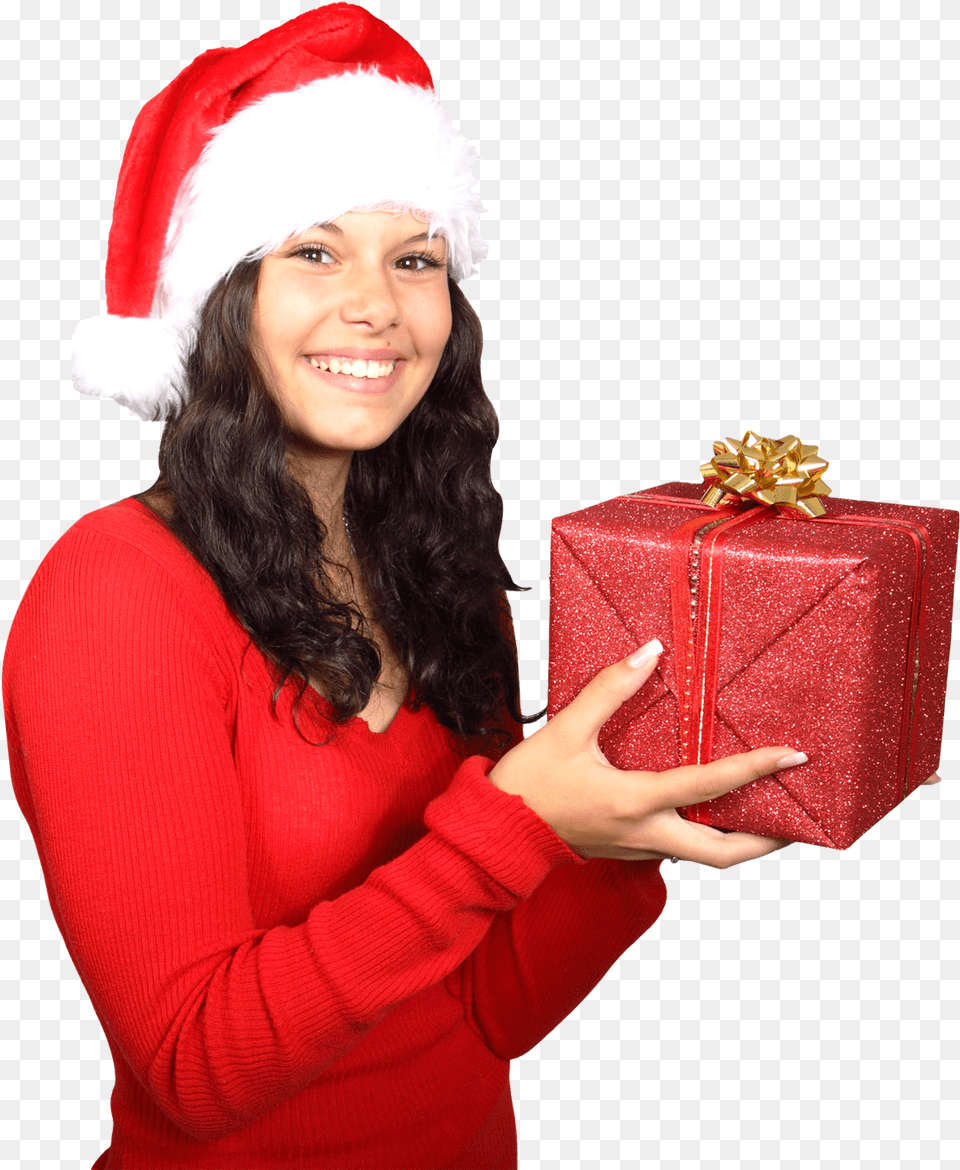 Woman In Santa Claus Clothes With Gift Image Pngpix Happy Christmas Day 2019, Adult, Female, Person, Face Free Transparent Png
