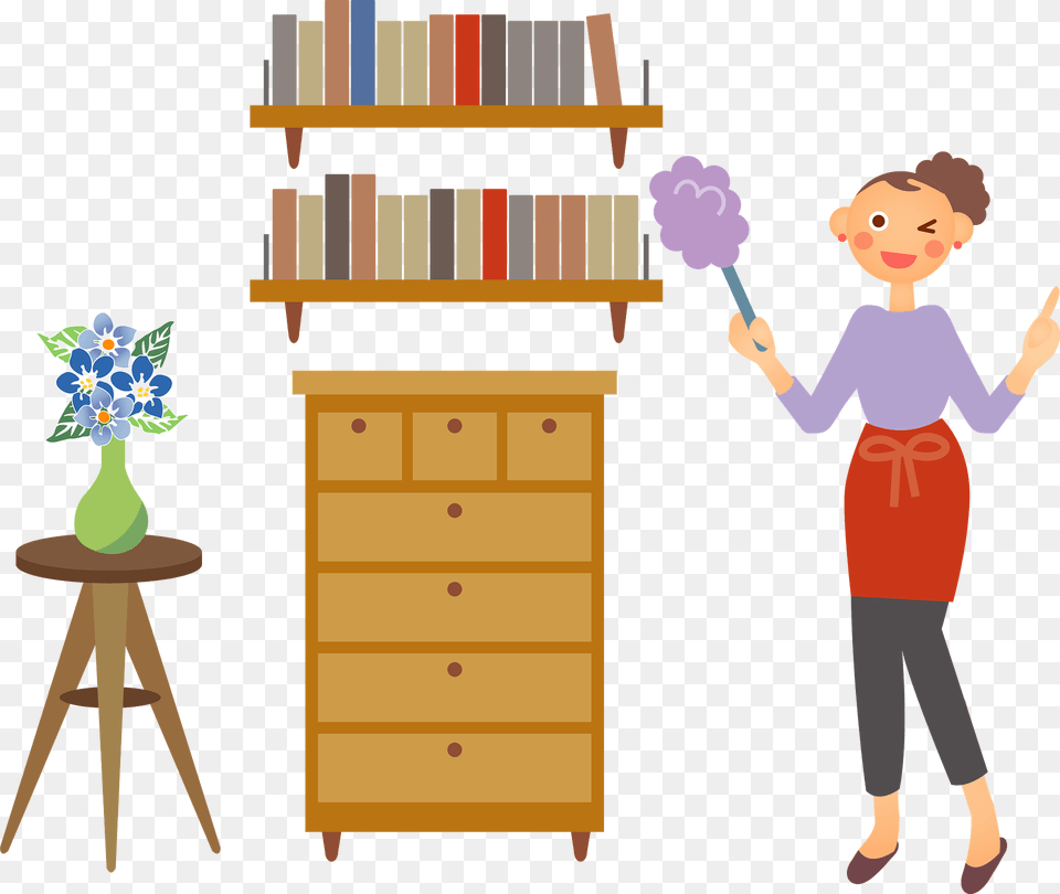 Woman Is Cleaning With A Feather Duster Clipart, Cabinet, Furniture, Boy, Child Png Image