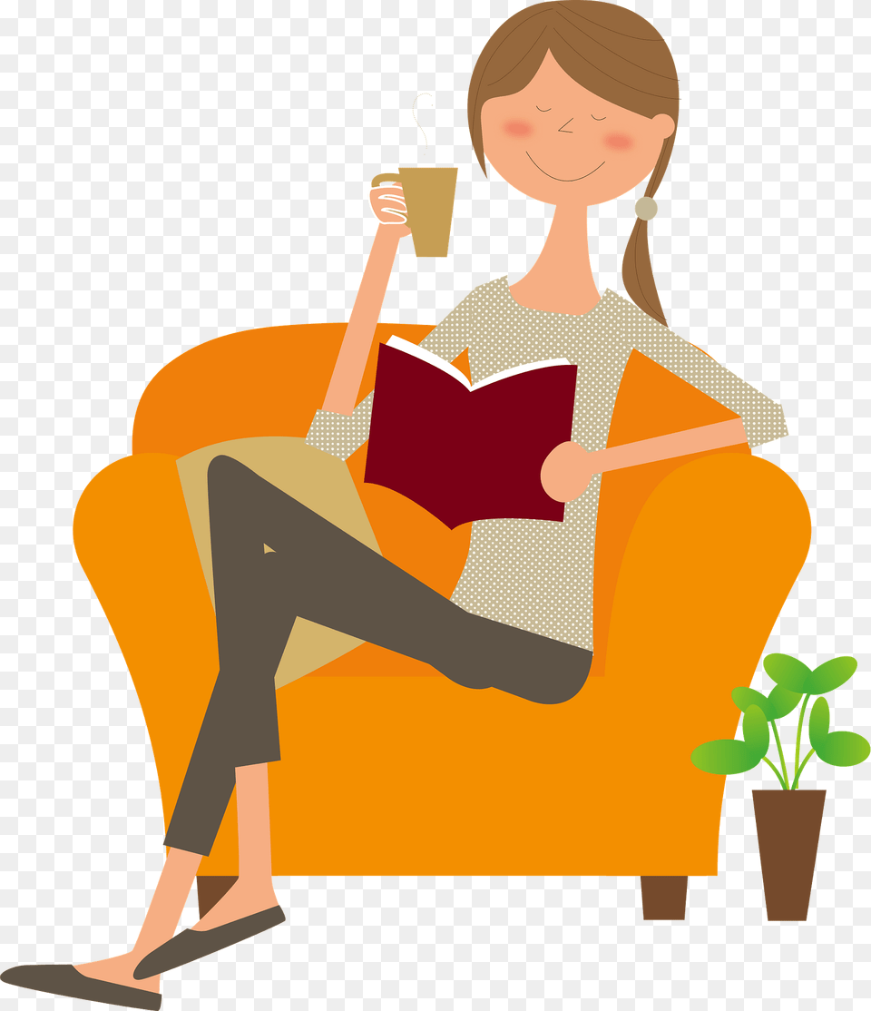 Woman Is Drinking Coffee And Reading Book Clipart, Person, Sitting, Adult, Plant Png