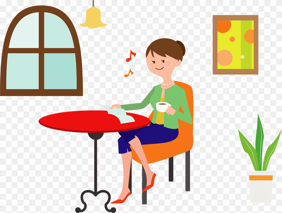Woman Is Having Coffee In A Cafe Clipart, Person, Reading, Boy, Child Png Image