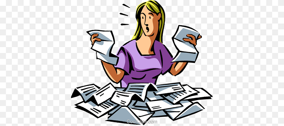 Woman Is Overwhelmed With Paperwork Royalty Vector Clip Art, Reading, Book, Comics, Publication Free Transparent Png