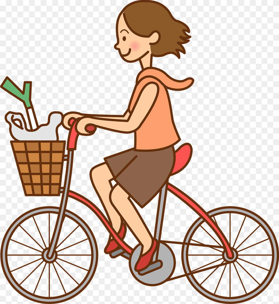 Woman Is Riding Her Bicycle For Shopping Clipart, Wheel, Machine, Transportation, Vehicle Free Transparent Png