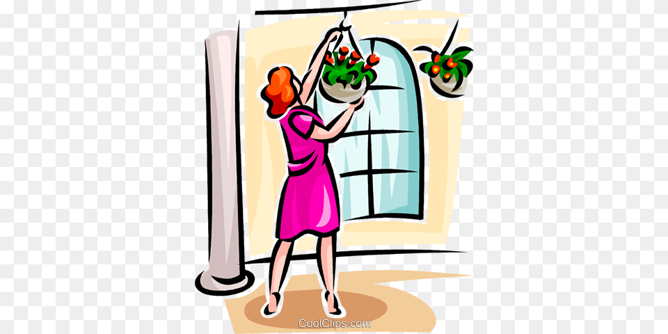 Woman Looking After Her Hanging Baskets Royalty Vector Clip, Adult, Female, Person, Art Png Image