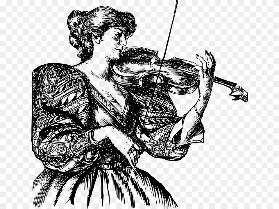Woman Music Line Art Vintage Musical Violin Illustration, Gray Free Png Download