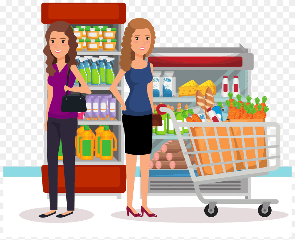 Woman Pushing Her Full Shopping Cart Stopping To Talk To A Friend Clipart, Adult, Person, Female, Boy Free Transparent Png