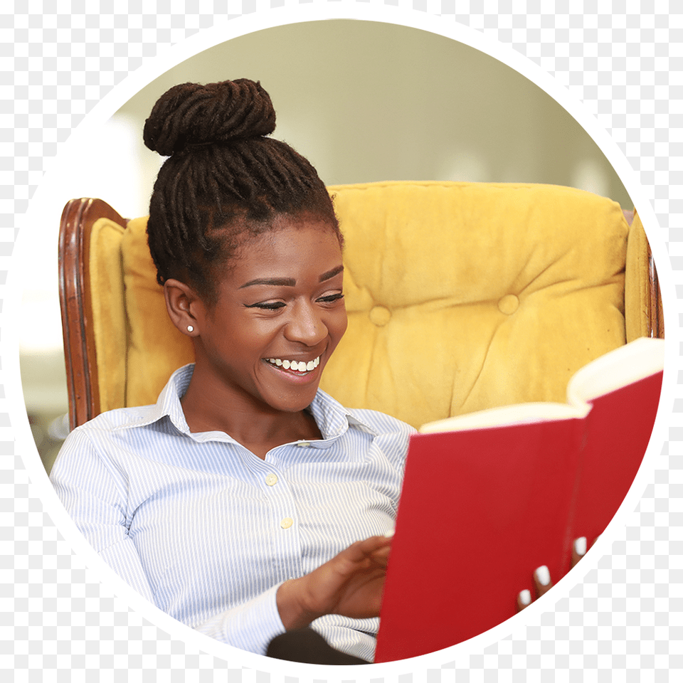 Woman Reading Sitting, Head, Person, Face, Happy Free Png Download