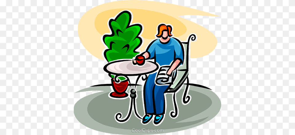 Woman Reading The Paper Drinking Coffee Royalty Vector Clip, Garden, Outdoors, Nature, Person Free Png