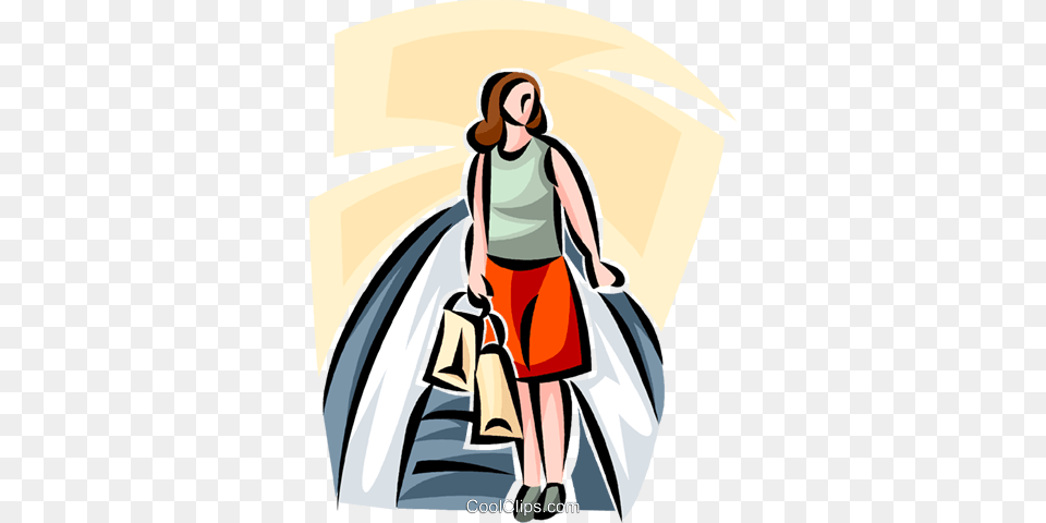 Woman Riding An Escalator While Shopping Royalty Free Vector Clip, Shorts, Clothing, Person, Walking Png