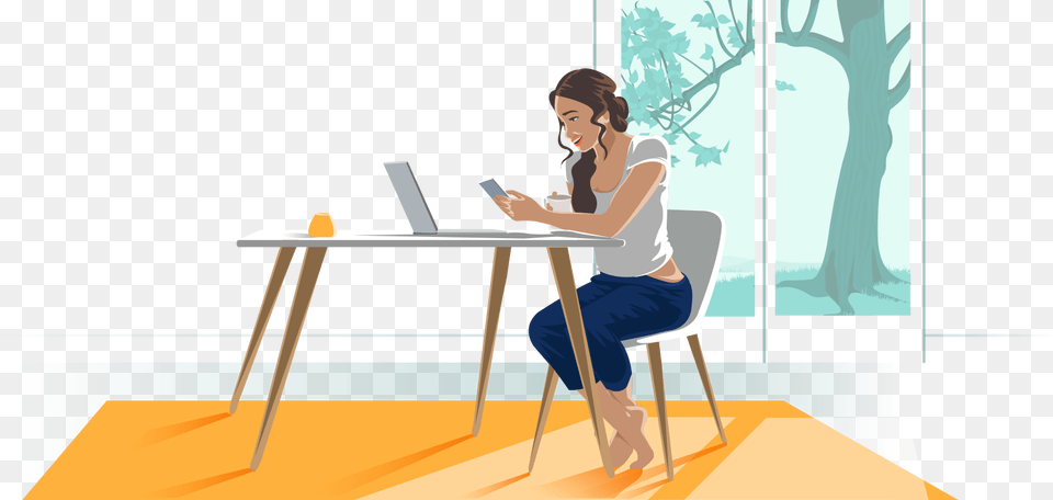 Woman Sitting At A Table Reading At Her Smartphone Man Sitting Cartoon, Desk, Person, Furniture, Adult Free Transparent Png