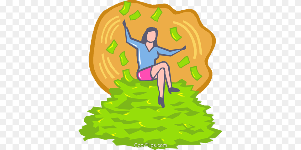 Woman Sitting On A Pile Of Money Royalty Vector Clip Art, Person, Plant, Tree, Vegetation Free Png