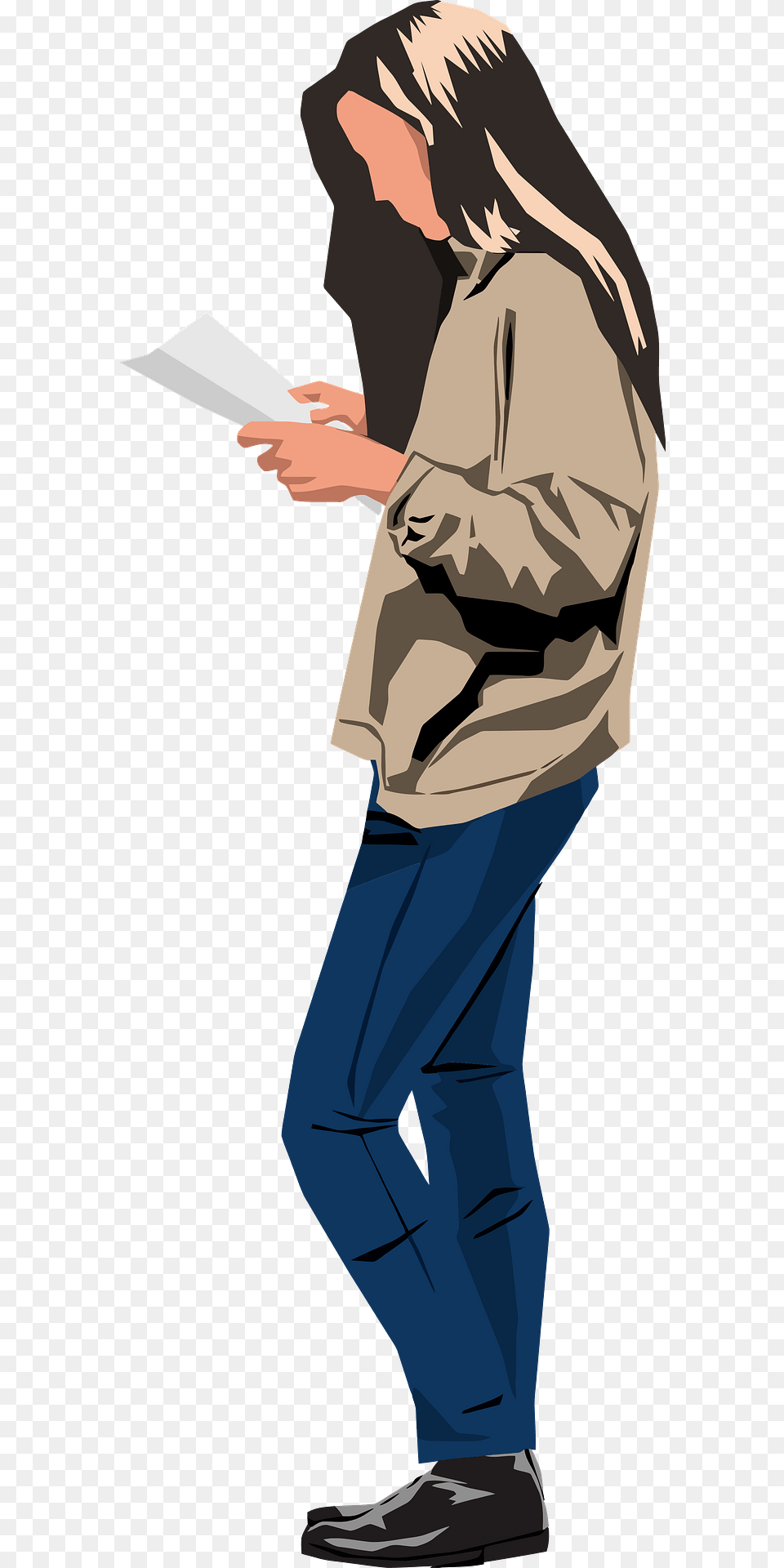 Woman Standing Up Reading Clipart, Clothing, Pants, Person, Coat Png Image